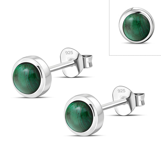 5.30mm | Green Malachite Stone Round Sterling Silver Stud Earrings