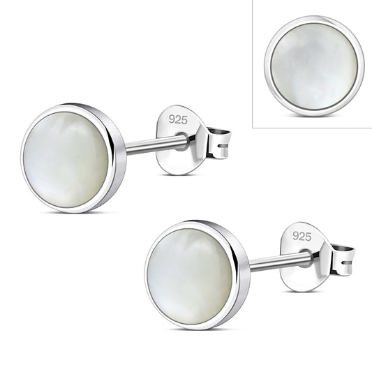 8.00mm | Mother of Pearl Simple Round Silver Stud Earrings