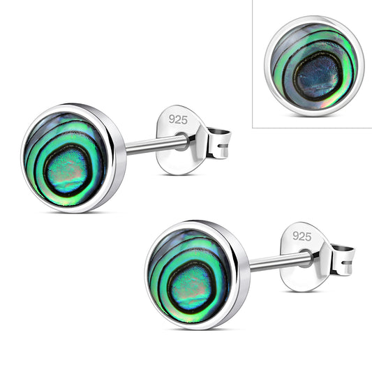 8.00mm | Abalone Simple Round Silver Stud Earrings