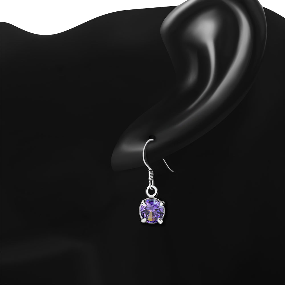 Amethyst CZ Round Sterling Silver Dangling Earrings