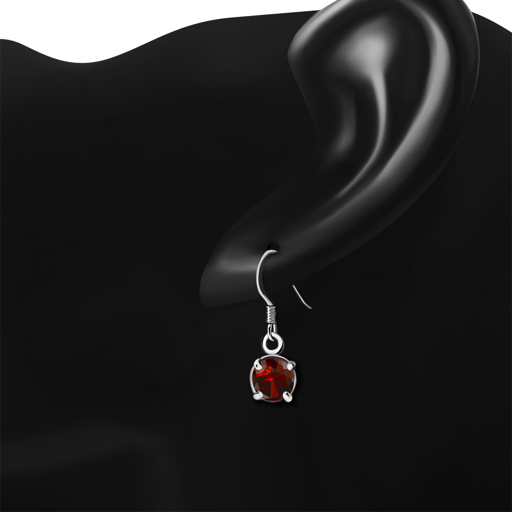 Garnet CZ Round Sterling Silver Dangling Earrings