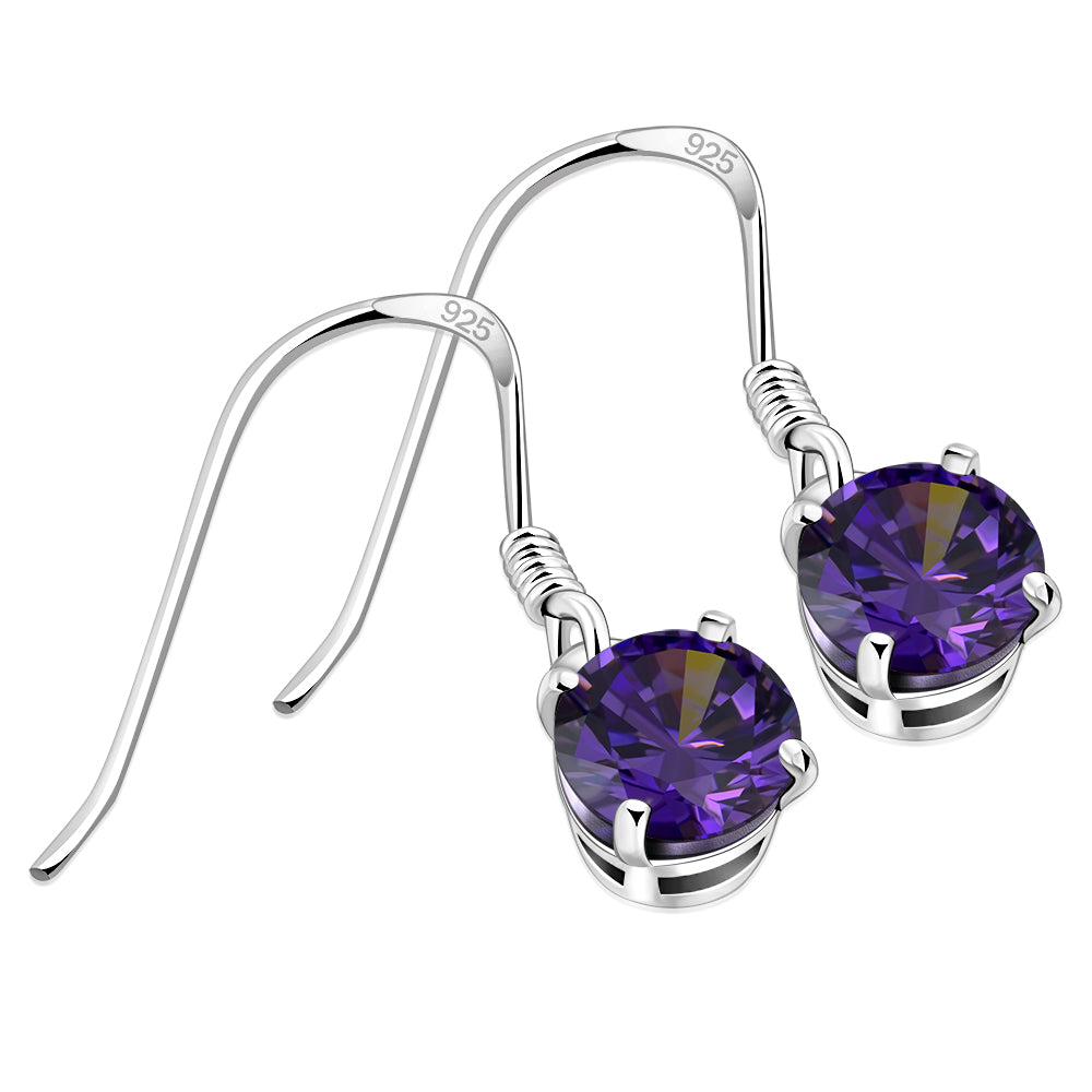 Amethyst CZ Round Sterling Silver Dangling Earrings