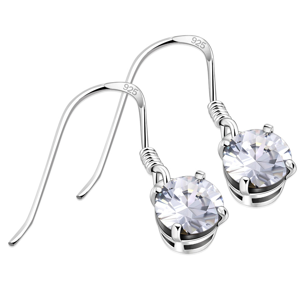 Clear CZ Round Sterling Silver Dangling Earrings