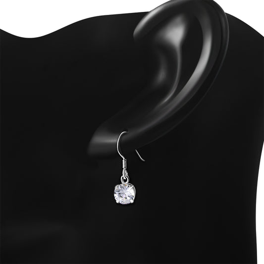 Clear CZ Round Sterling Silver Dangling Earrings