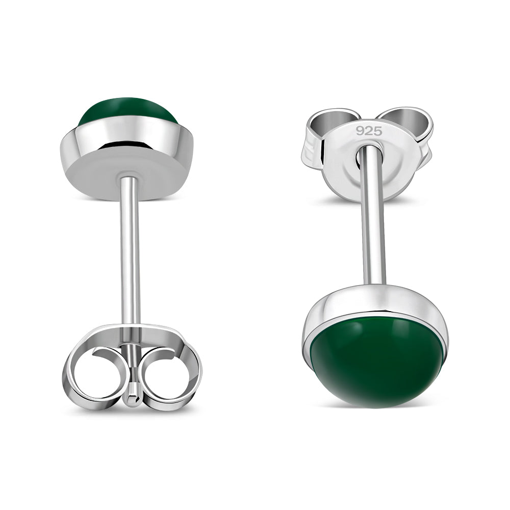 4.80mm | Green Agate Round Sterling Silver Stud Earrings