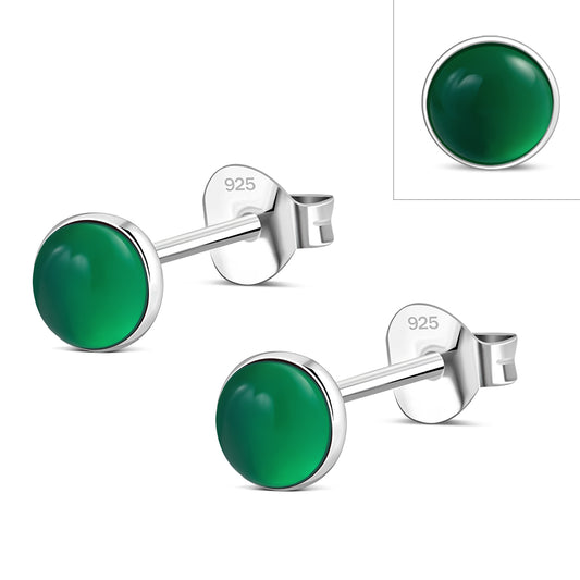 4.80mm | Green Agate Round Sterling Silver Stud Earrings