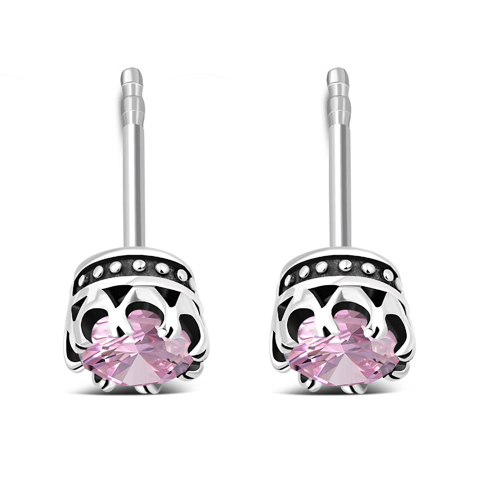 Vintage Royal Crown Ethnic Rose Pink CZ Sterling Silver Stud Earrings