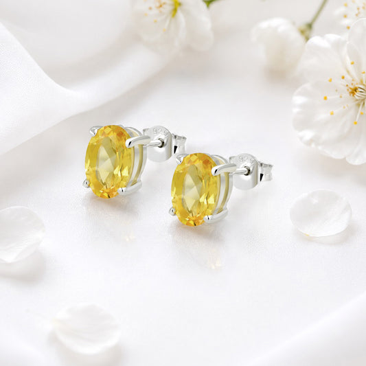 5x7mm Oval Prong-Set Citrine Stone Sterling Silver Stud Earrings