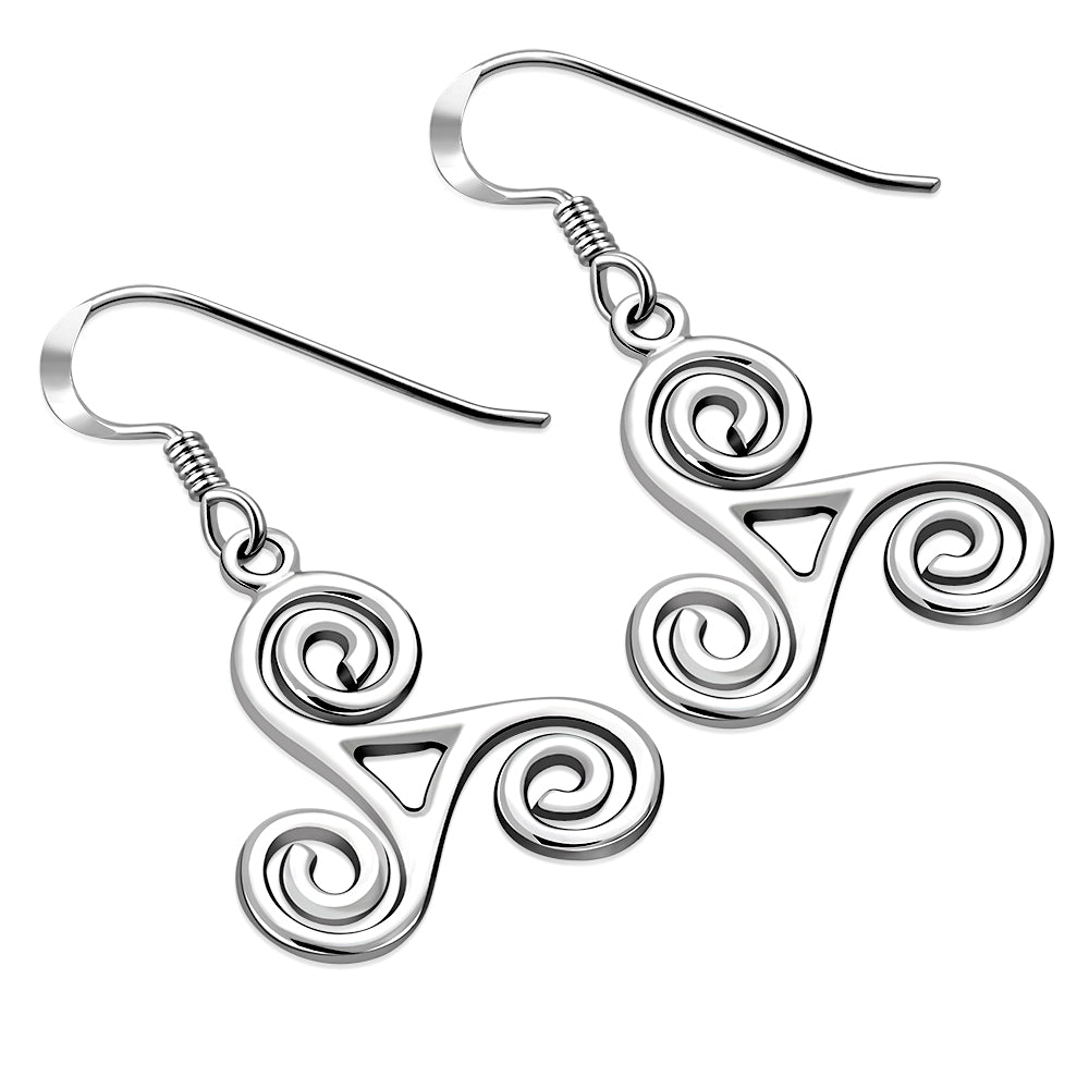 Celtic Triskele Triple Spiral Plain Silver Earrings