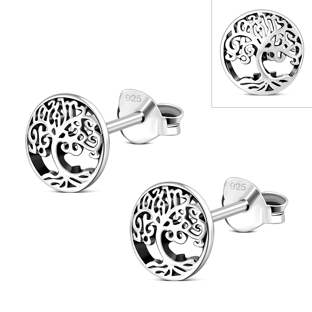 Round Celtic Knot Tree of Life Silver Stud Earrings