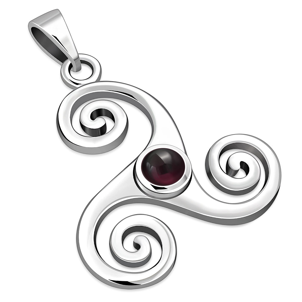 Garnet Triskele Triskelion Triple Archimedean Spiral Celtic Silver Pendant