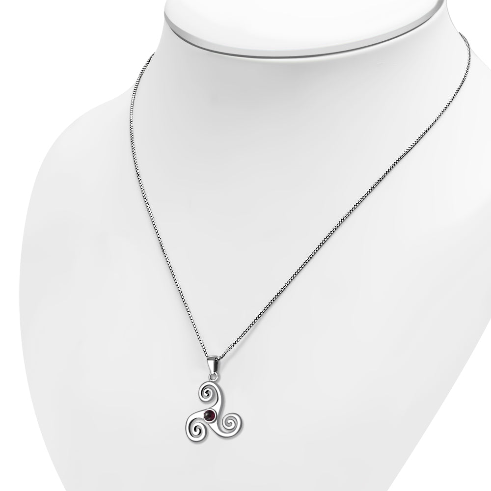 Garnet Triskele Triskelion Triple Archimedean Spiral Celtic Silver Pendant