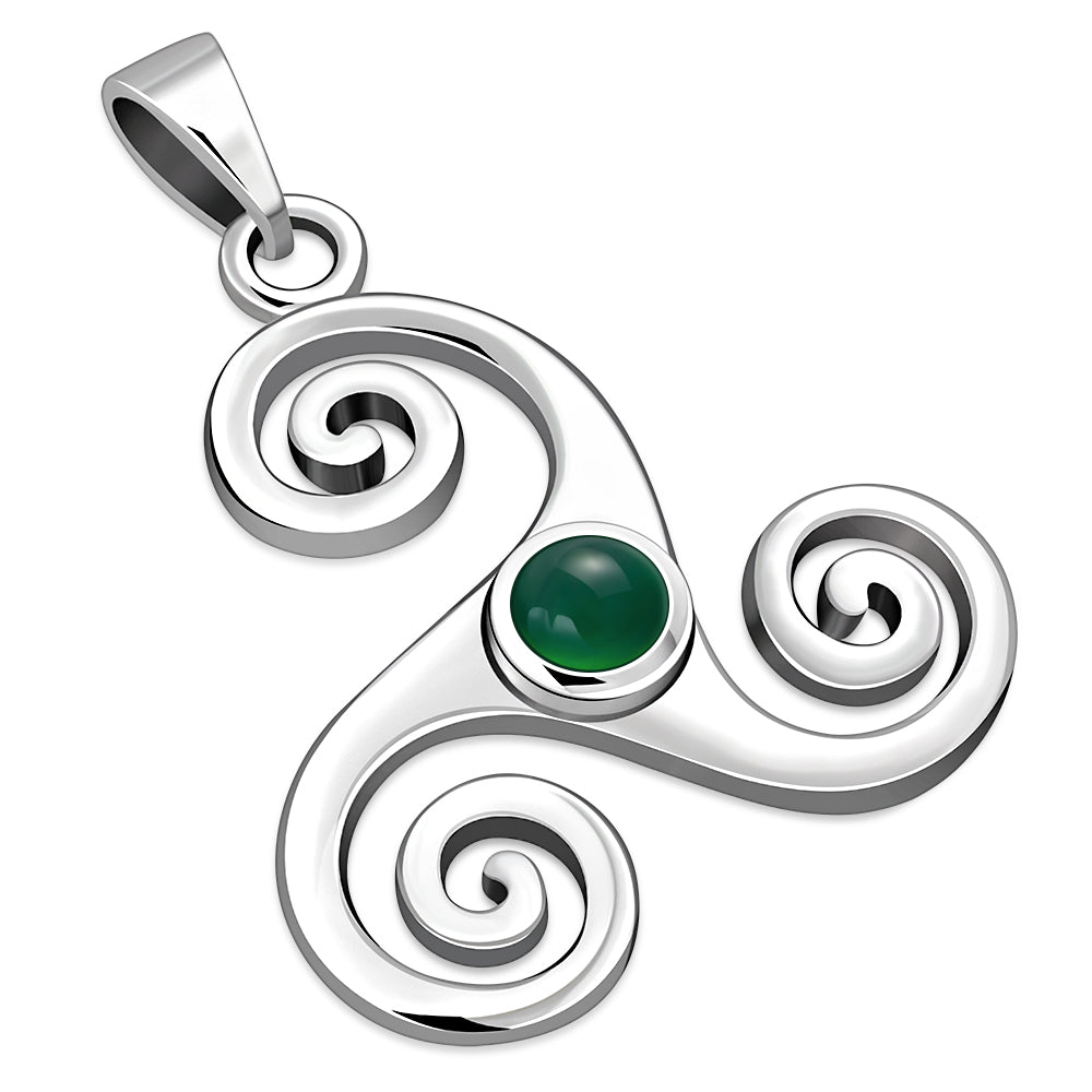 Green Agate Triskele Triskelion Triple Archimedean Spiral Celtic Silver Pendant