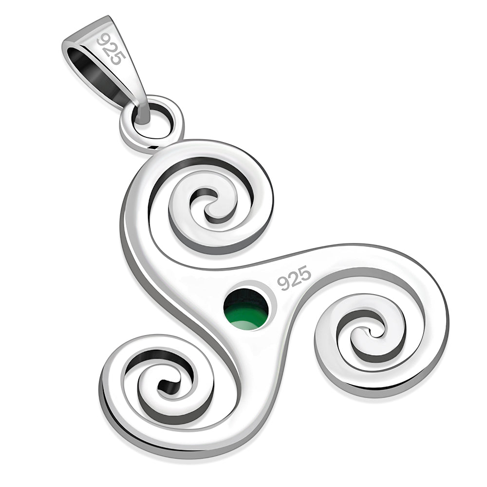 Green Agate Triskele Triskelion Triple Archimedean Spiral Celtic Silver Pendant
