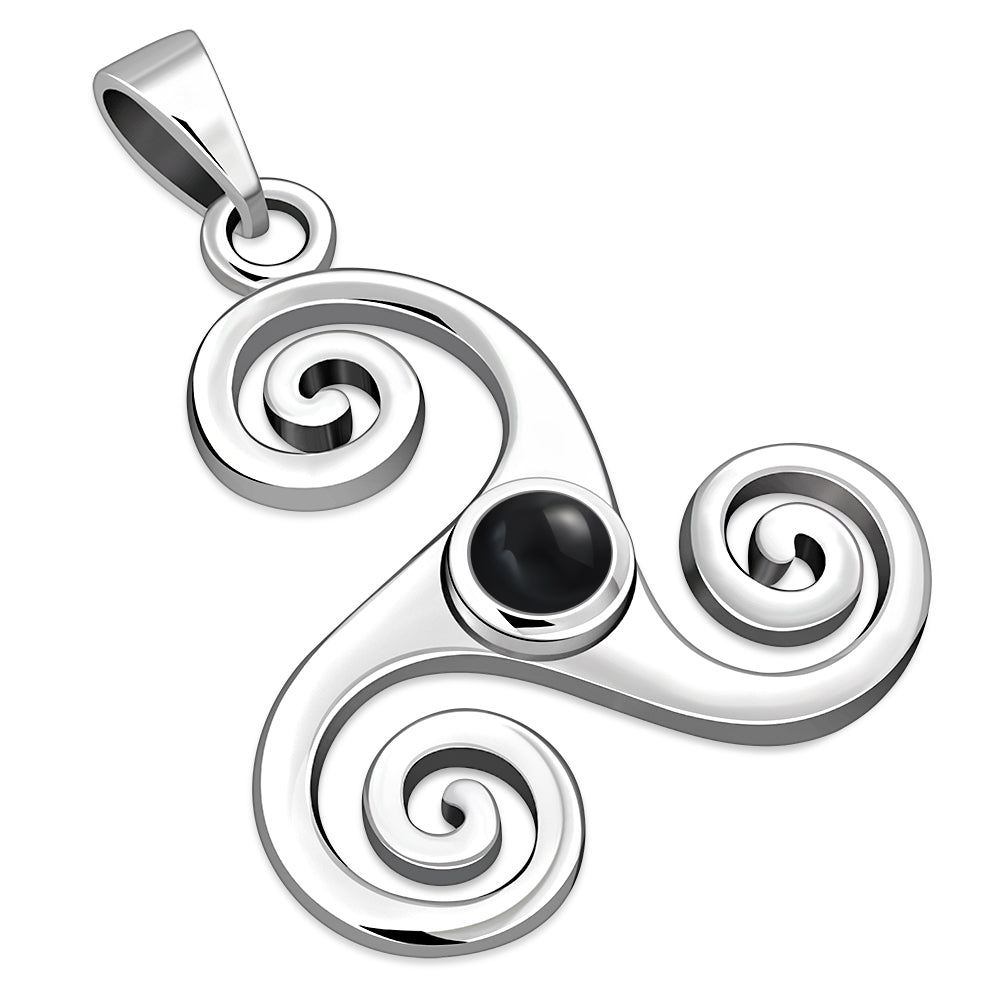 Black Onyx Triskele Triskelion Triple Archimedean Spiral Celtic Silver Pendant
