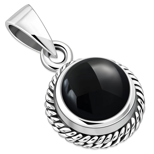 Black Onyx Round Milgrain Edge Silver Pendant
