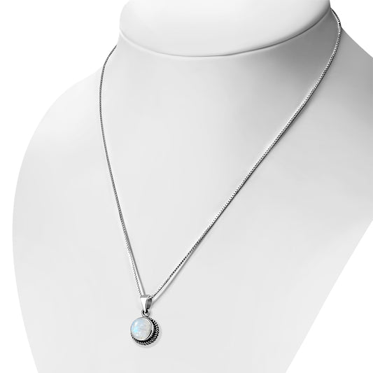 Rainbow Moonstone Round Silver Pendant