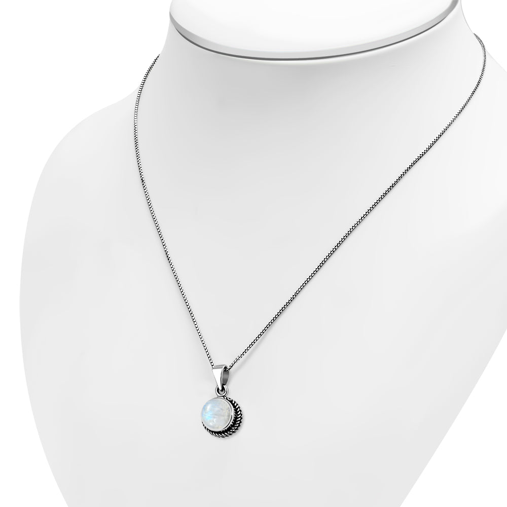 Rainbow Moonstone Round Silver Pendant