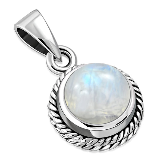 Rainbow Moonstone Round Silver Pendant