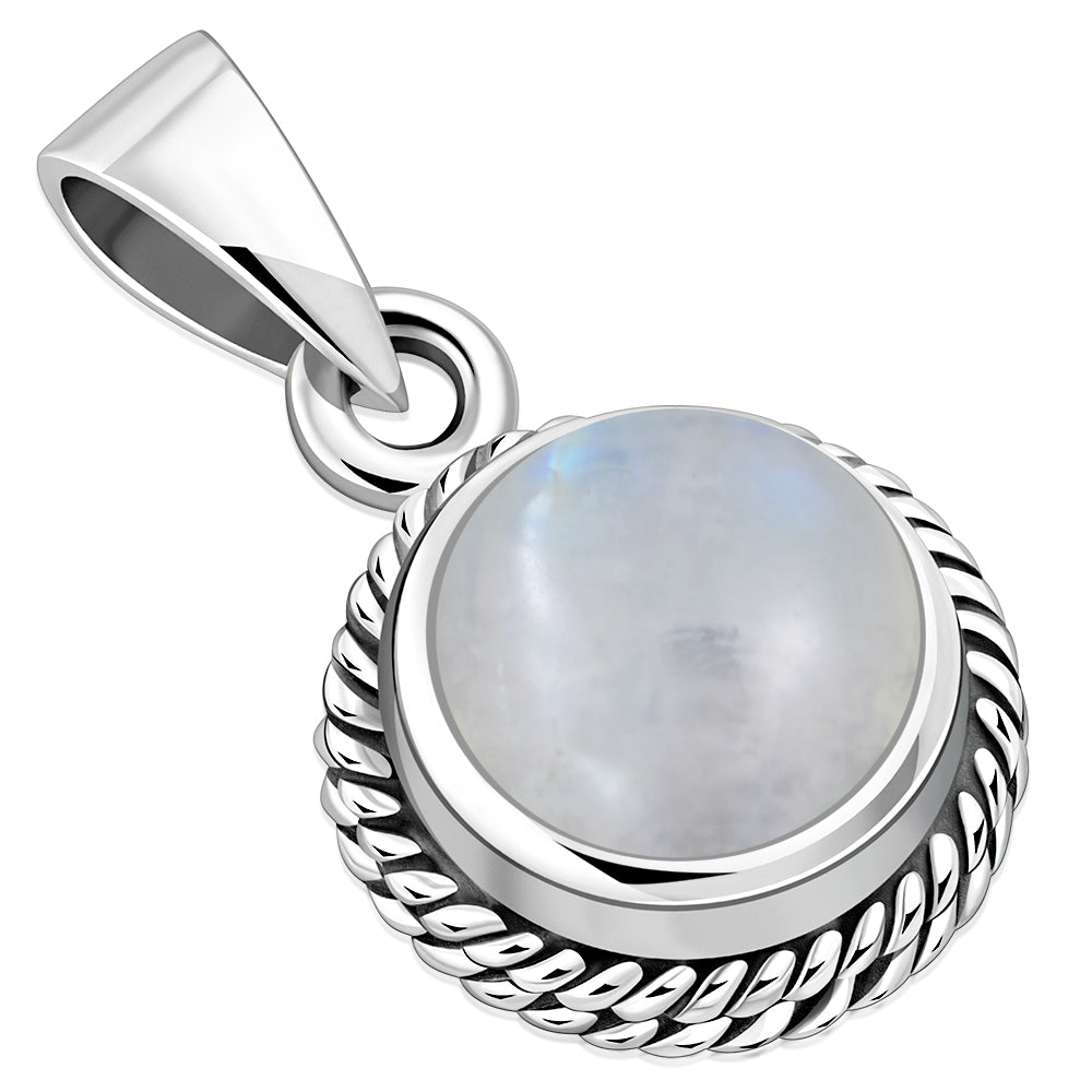 Rainbow Moonstone Round Silver Pendant