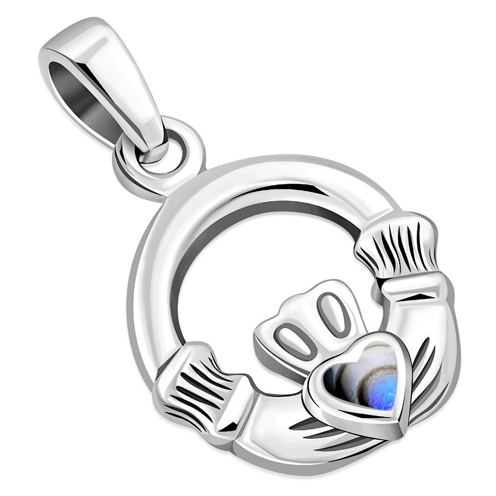 Tiny Claddagh Silver Pendant w/ Abalone Shell