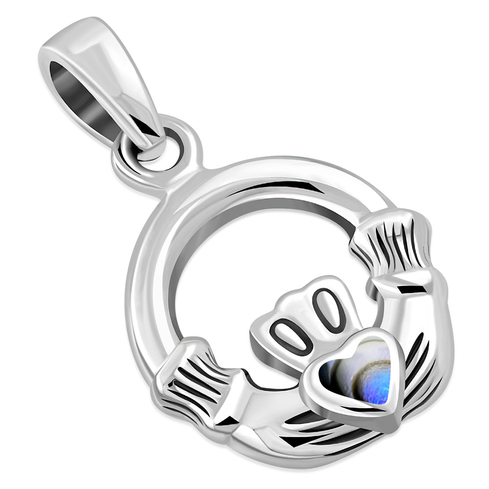 Tiny Claddagh Silver Pendant w/ Abalone Shell