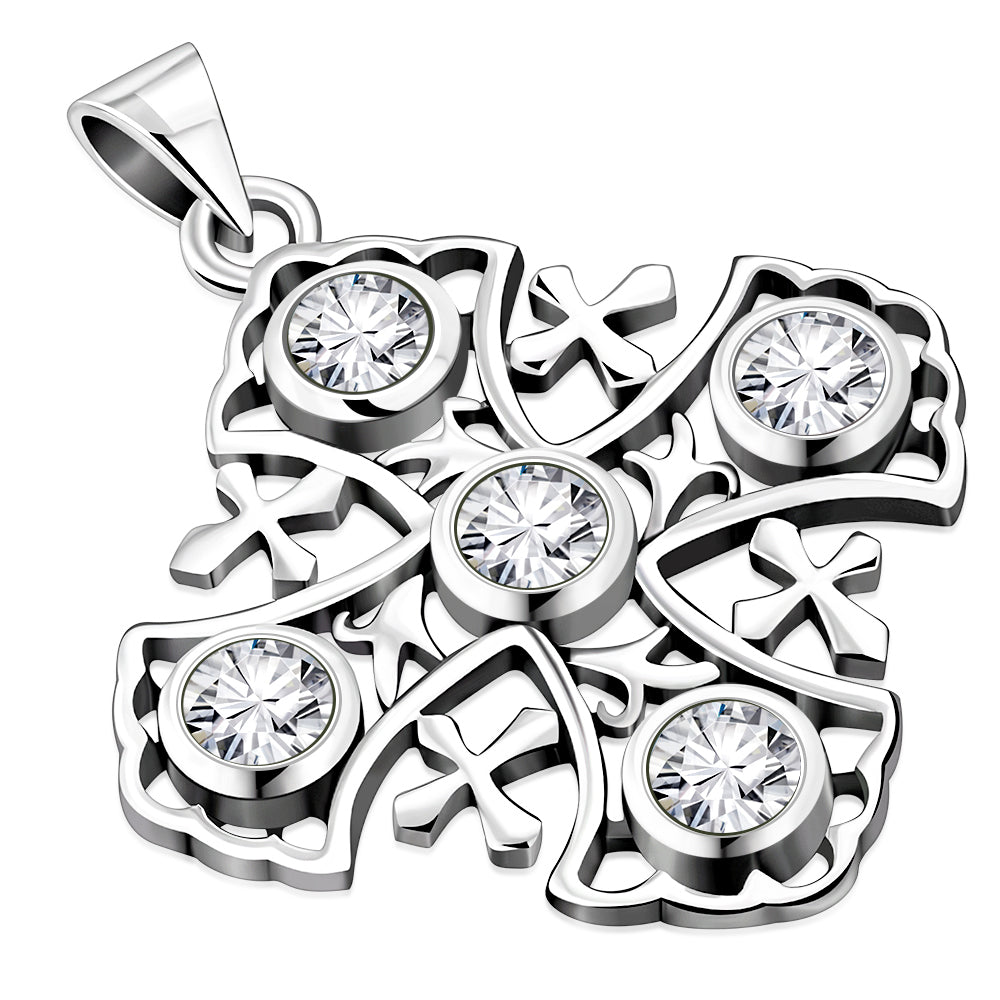 Jerusalem Cross Silver Pendant set w/ Clear CZ