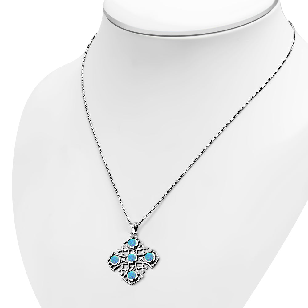 Synthetic Blue Opal Jerusalem Cross Silver Pendant