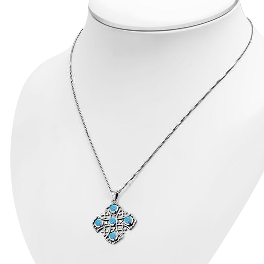 Synthetic Blue Opal Jerusalem Cross Silver Pendant