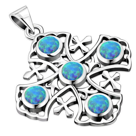 Synthetic Blue Opal Jerusalem Cross Silver Pendant