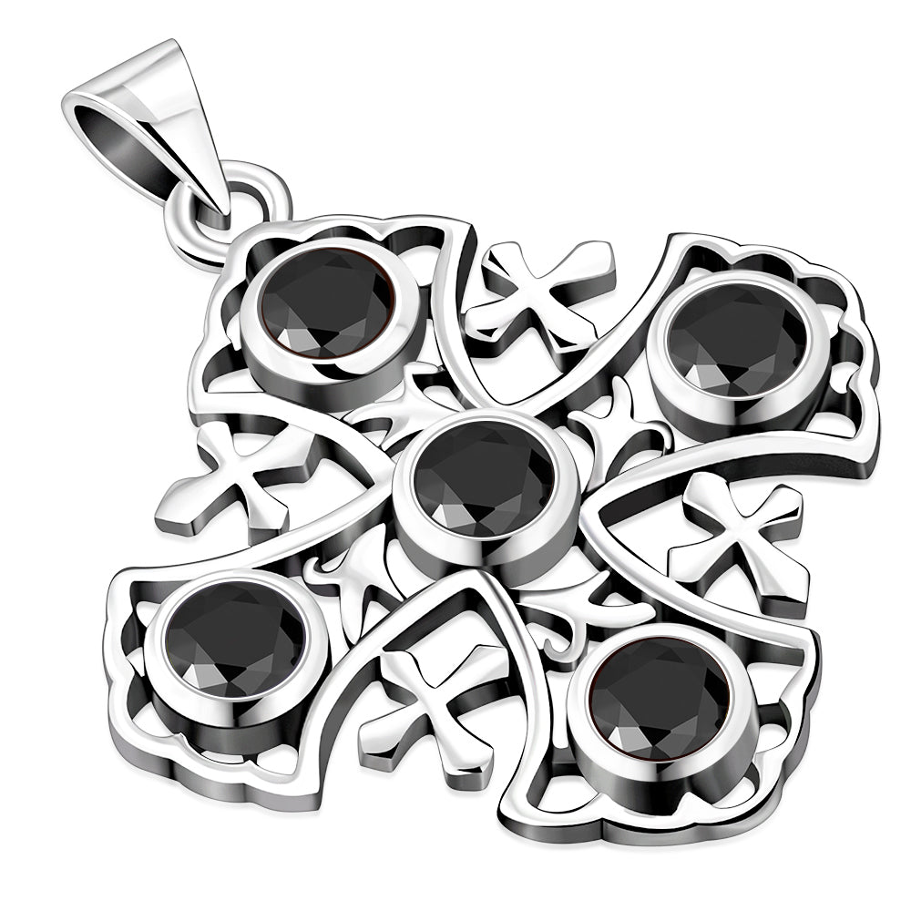 Jerusalem Cross Black Onyx Silver Pendant