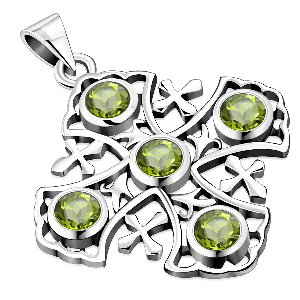 Large Peridot Stone Jerusalem Cross Silver Pendant