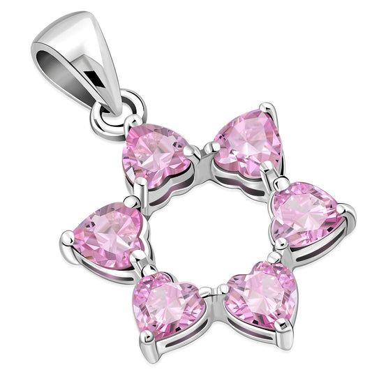 Heart Shape Pink CZ Star David Silver Pendant