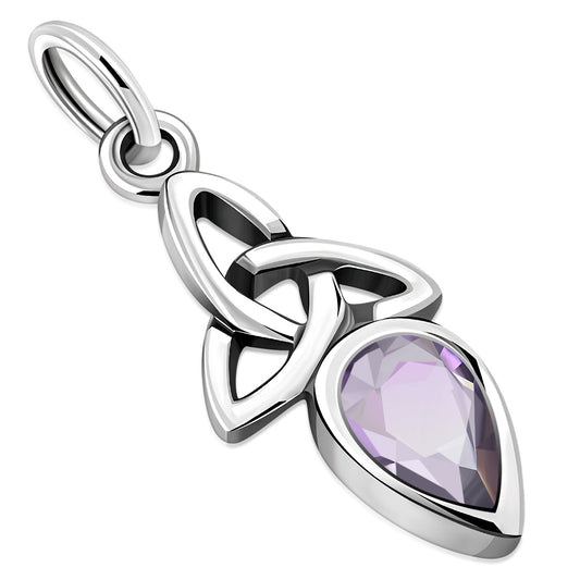Genuine Amethyst Stone Tiny Celtic Trinity Knot Silver Pendant