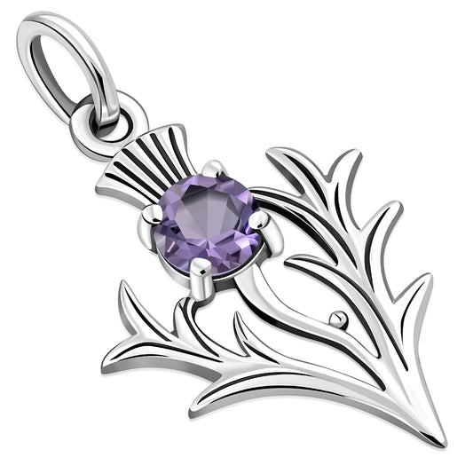 Tiny Silver Scottish Thistle Pendant set w/ Faceted Amethyst Stone