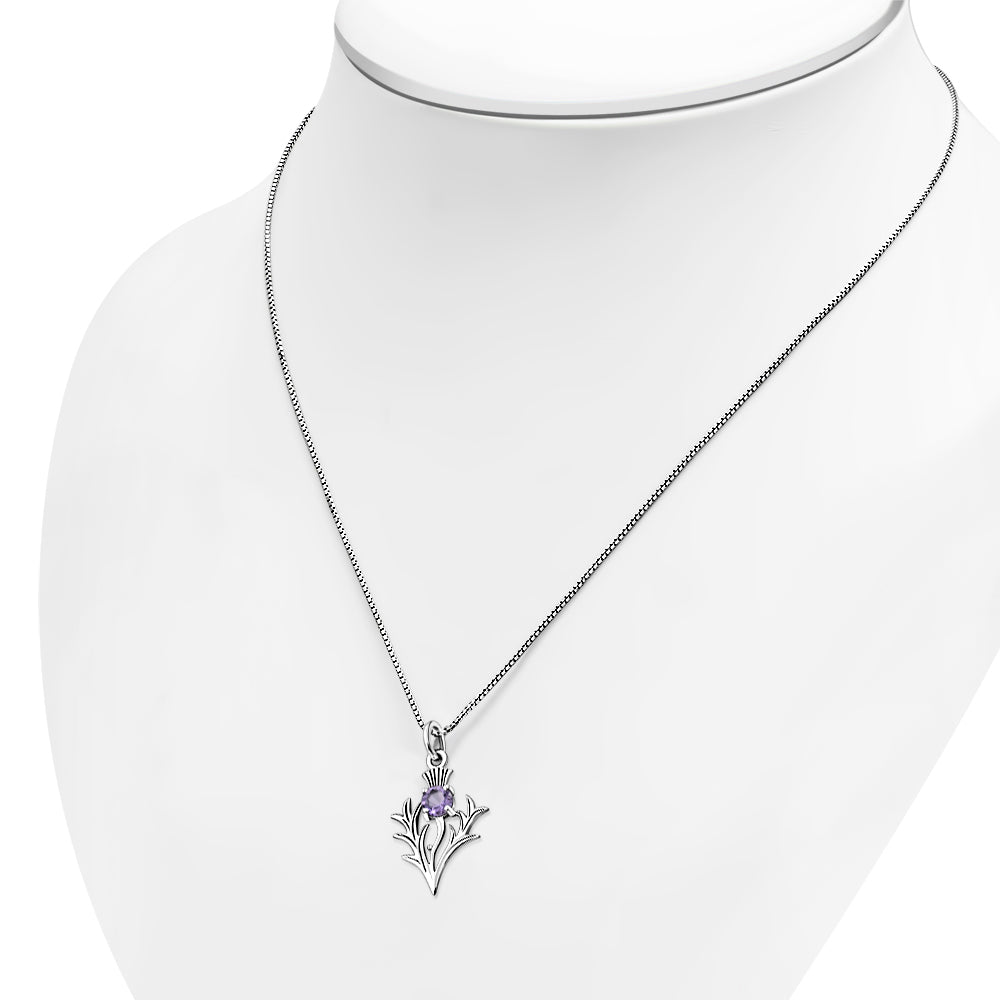 Tiny Silver Scottish Thistle Pendant set w/ Faceted Amethyst Stone