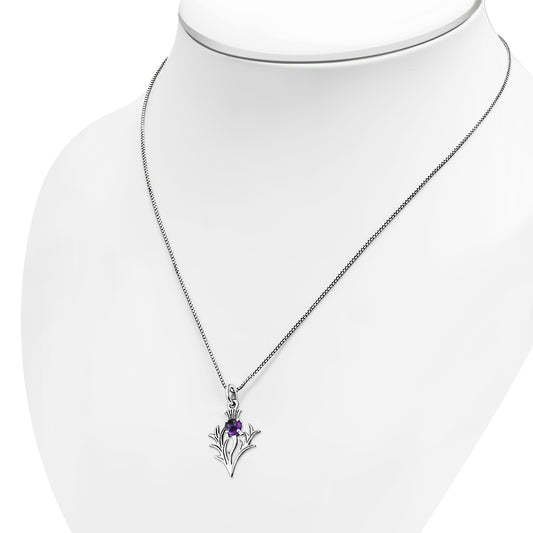 Tiny Silver Scottish Thistle Pendant set w/ Amethyst Cabochon