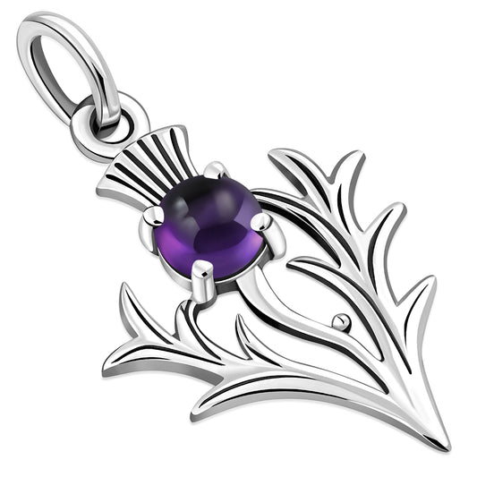 Tiny Silver Scottish Thistle Pendant set w/ Amethyst Cabochon