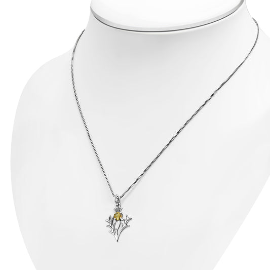 Tiny Silver Scottish Thistle Pendant set w/ Citrine