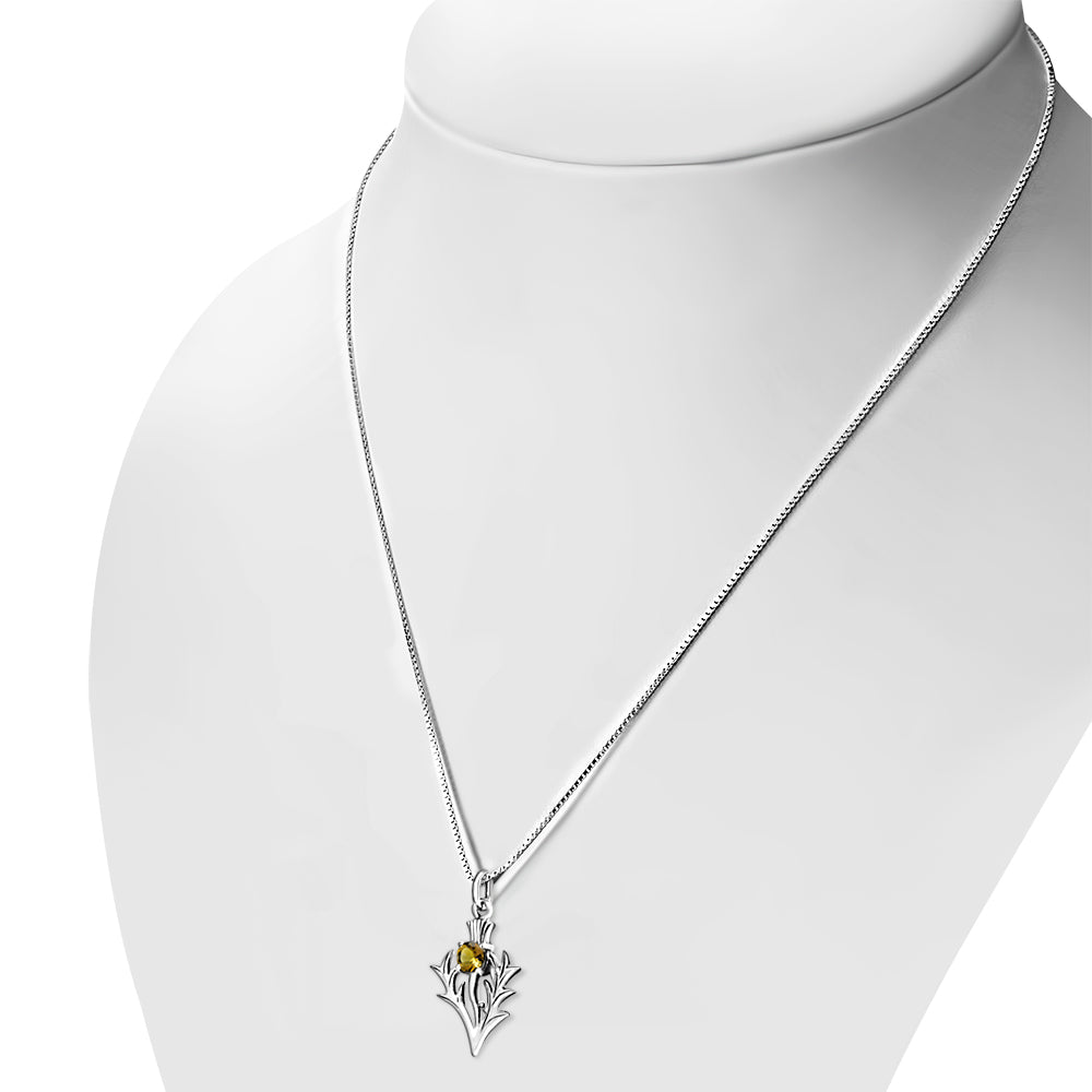 Tiny Silver Scottish Thistle Pendant set w/ Citrine