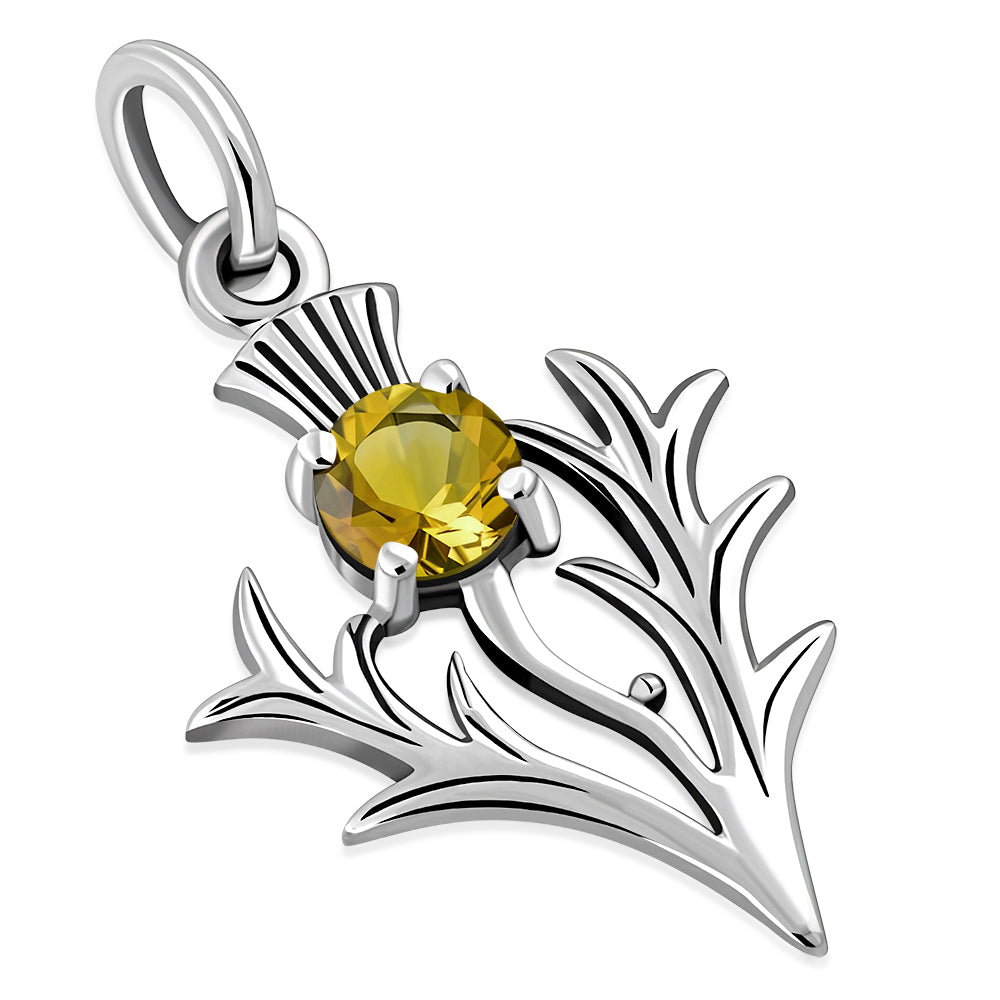 Tiny Silver Scottish Thistle Pendant set w/ Citrine