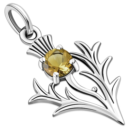 Tiny Silver Scottish Thistle Pendant set w/ Citrine