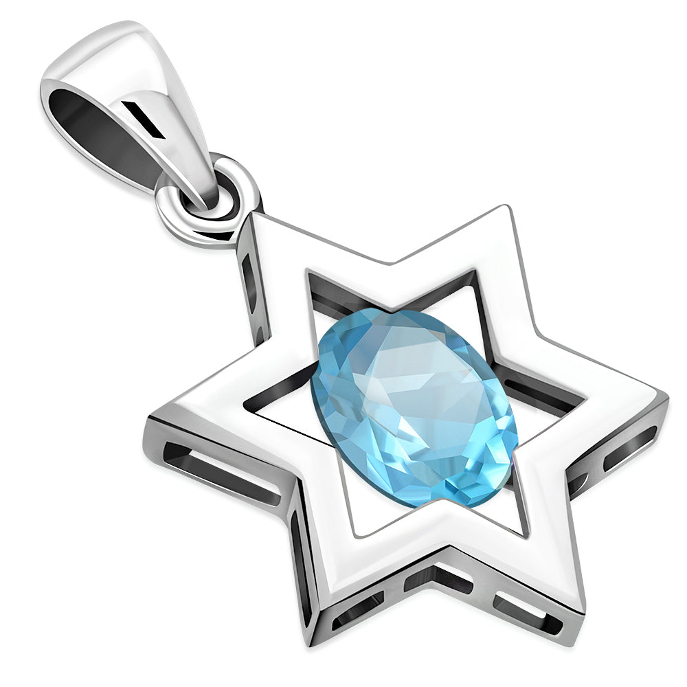 Blue Topaz Star David Silver Pendant