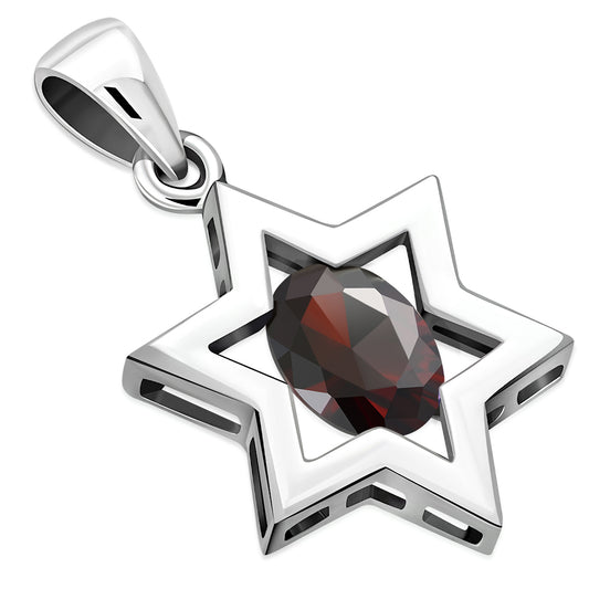 Garnet CZ Star of David Silver Pendant