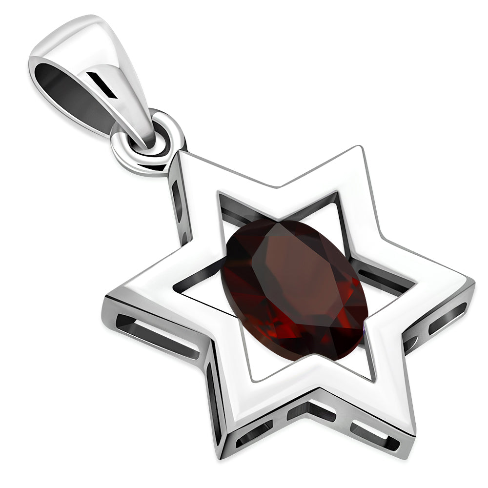 Garnet Stone Star of David Silver Pendant