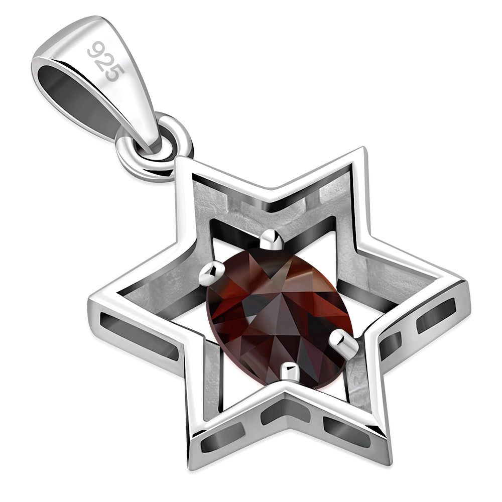 Garnet Stone Star of David Silver Pendant