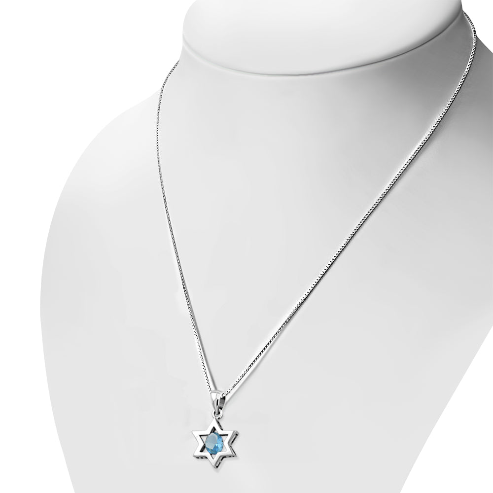 Blue Topaz CZ Star of David Silver Pendant