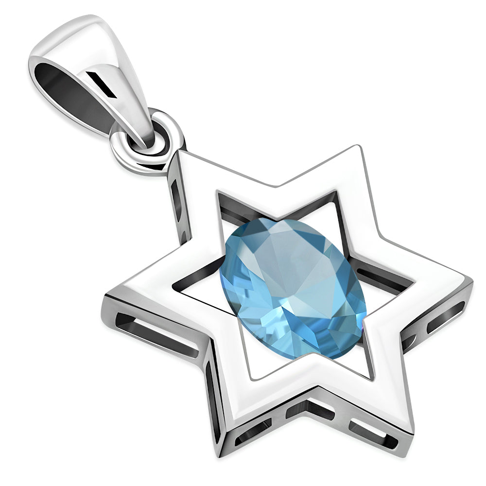 Blue Topaz CZ Star of David Silver Pendant