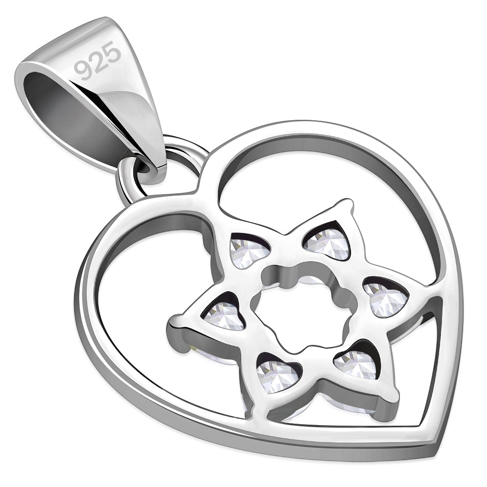 Heart Star of David Silver Pendant set w/ Clear CZ