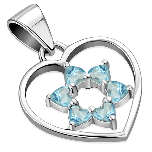 Blue Topaz CZ Heart Star of David Silver Pendant